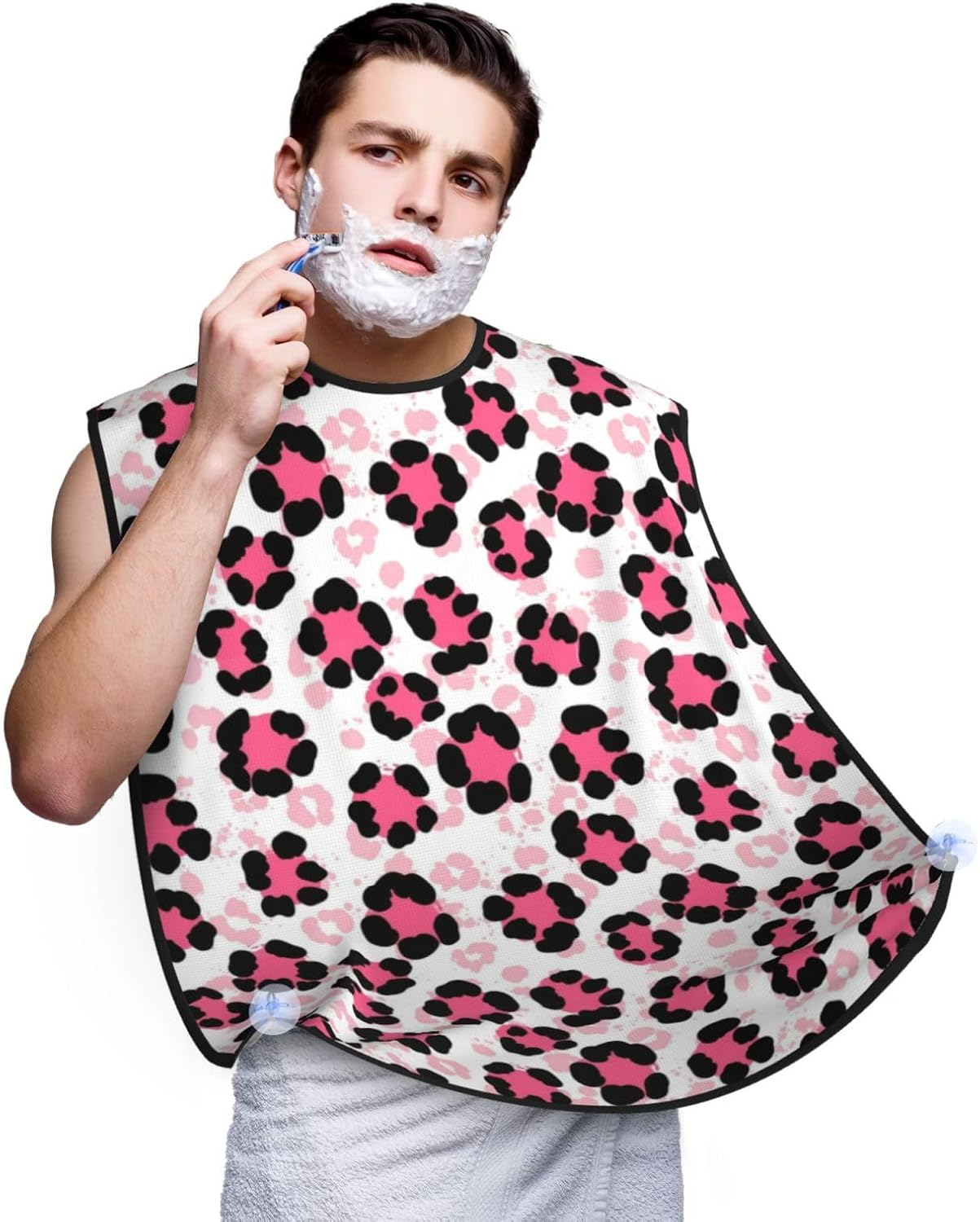 Adjustable Beard Bib, Non-Stick Hair Catcher Cape for Men's Shaving, Waterproof with 2 Suction Cups, Paint Splatter Cheetah Leopard Print Pink Shave Bib