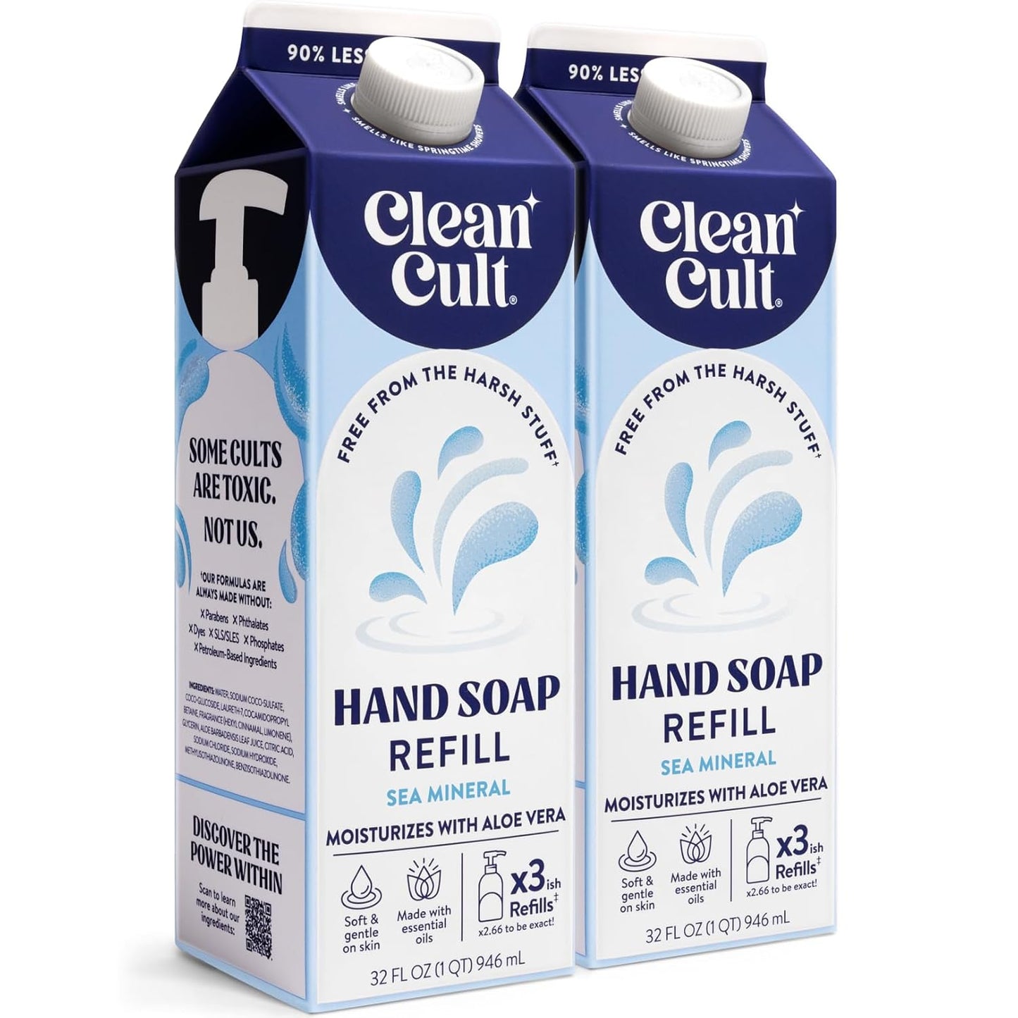 Cleancult - Liquid Hand Soap Refills - Sea Minerals - Gentle On Sensitive Skin - Made with Aloe Vera & Essential Oils - Eco Friendly - Paper-Based Packaging - 32 oz/2 Pack