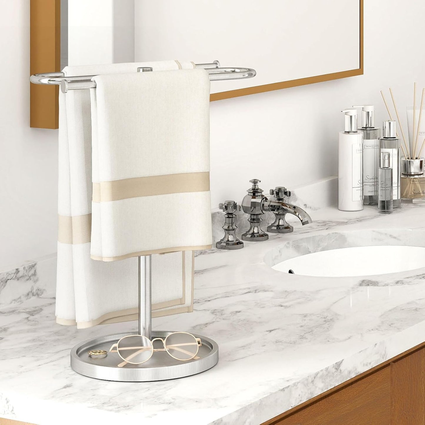 Hand Towel Holder, Stainless Steel Countertop Towel Stand for Bathroom, S-Shape Free Standing Towel Rack Bar Holds 2 Towels for Kitchen, Brushed Nickel