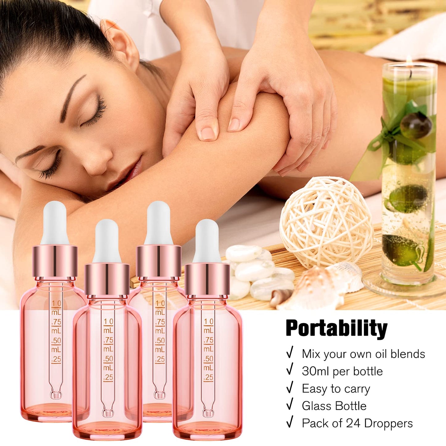 PrettyCare 4 Pack 1oz Dropper Bottles for Essential Oils with Labels, Funnel & Measured Pipettes, 30 ml Leak Proof Rose Glass Essential Oils Bottles- Empty Tincture Bottles for Personal Care & Beauty