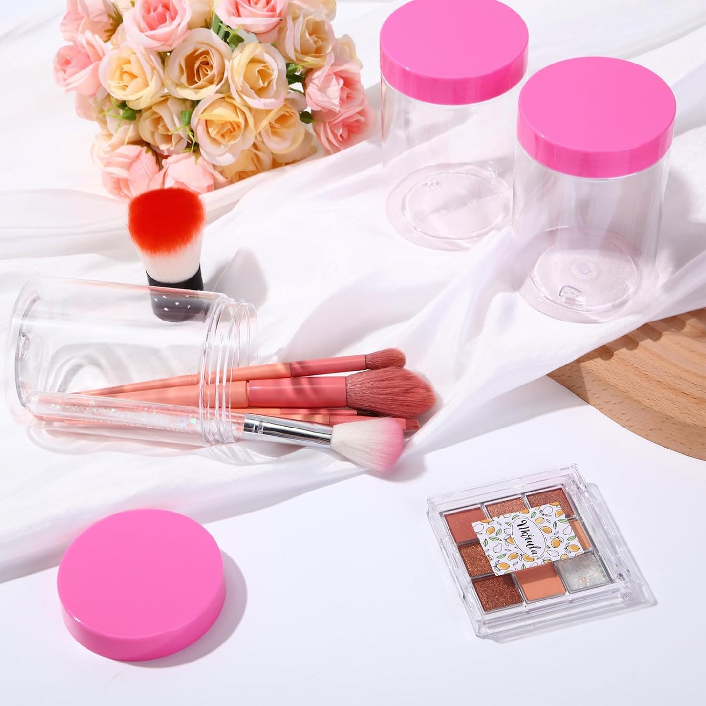 SATINIOR 12 Pack 10 oz Plastic Container Jars with Lids Round Clear Travel Cosmetic Container Slime Jars for Toiletries, Lotion, Cream, Ointments, Makeup, Rhinestone, Samples, Kitchen Storage(Pink)