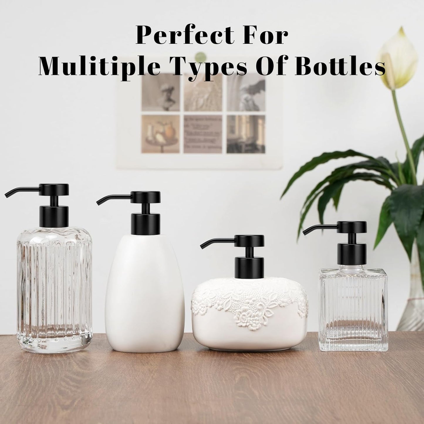 Soap Dispenser Pump Replacement 304 Stainless Steel for Regular Mouth Bottle for Standard 28/400 Thread Size Kitchen Bathroom Lotion Refill Flat Top Dispenser Pumps 2 Pack(Black)