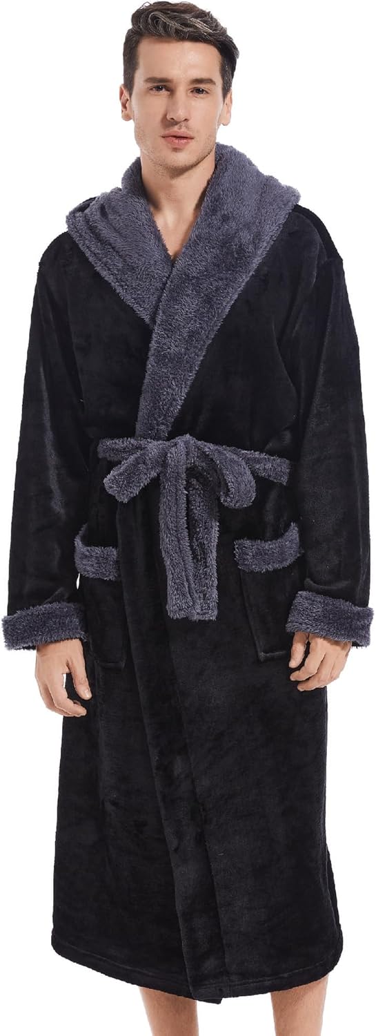 Inner Wish Mens Hooded Robe, Plush Long Bath robes Cozy Warm Bathrobe Fuzzy male Spa Robe With Pockets
