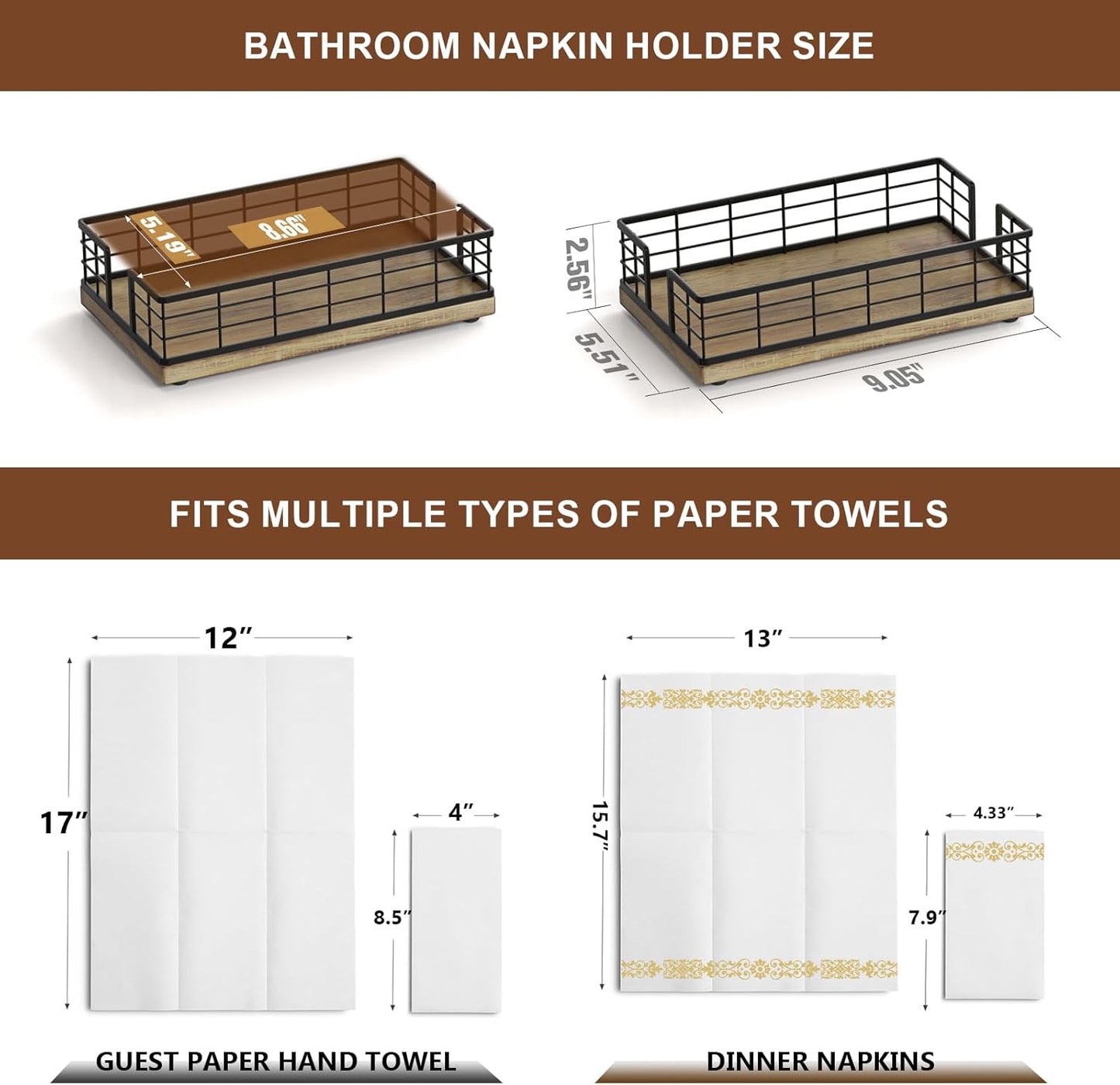 Wican Guest Towel Holder Tray for Bathroom, Oak and Iron Napkins Holder for Powder Room Dinning Table Wooden Basket for Disposable Paper Hand Towels Black and Farmhouse Brown