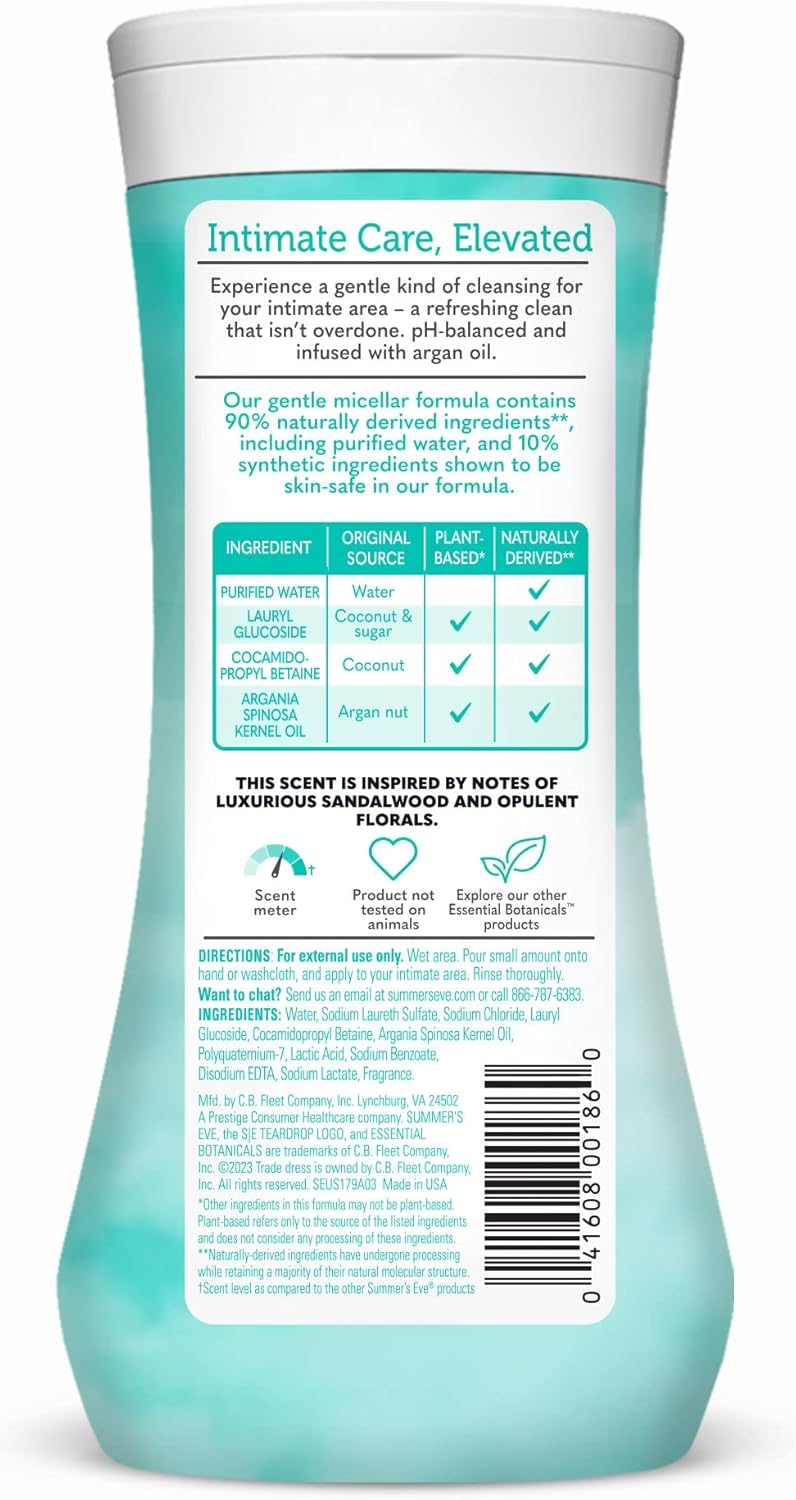 Summer's Eve Essential Botanicals All-Over Daily Feminine Wash with Argan Oil, Gentle pH-Balanced Body Wash for Women, Removes Vaginal Odor and Refreshes, 12 Fl Oz