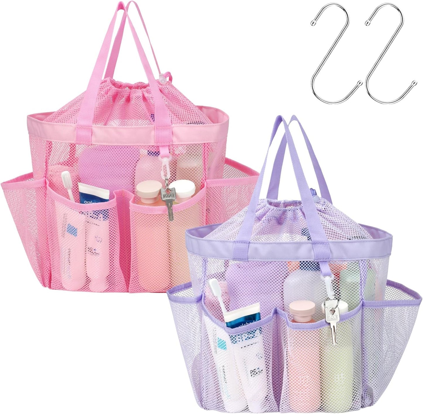 F-color Mesh Shower Caddy Portable with Drawstring - Upgrade Deeper 7 Pockets Dorm Room Essentials for Guys Girls with S Hook, Shower Bag Basket Tote for College Camping Bathroom, 2 Pack Purple & Pink