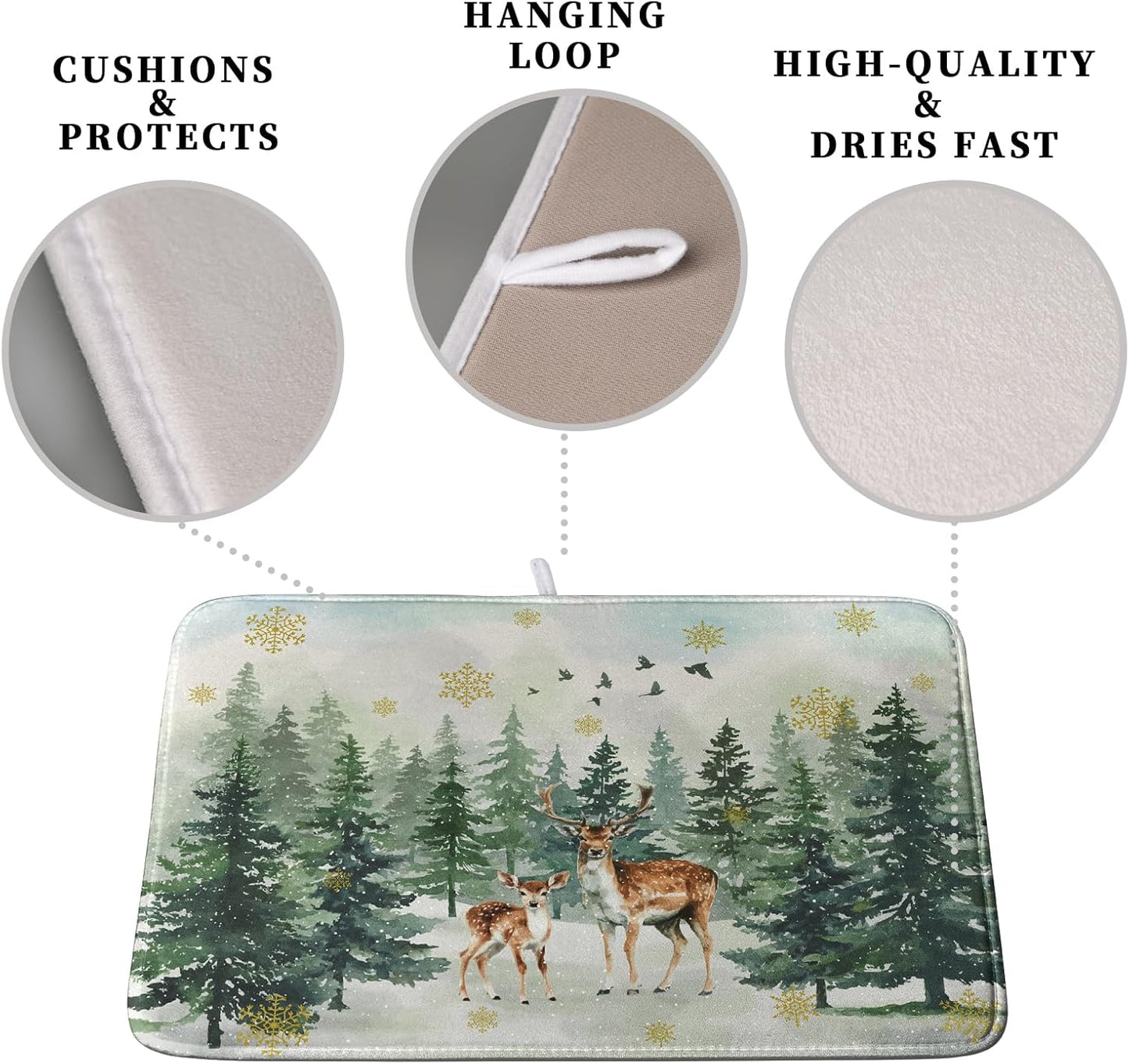 Reindeer Tree Snowflakes Christmas Dish Drying Mats for Kitchen Counter 18x24 Inch Winter Forest Dish Drainer Mats Absorbent Reversible Dish Draining Microfiber Dishes Drying Pad