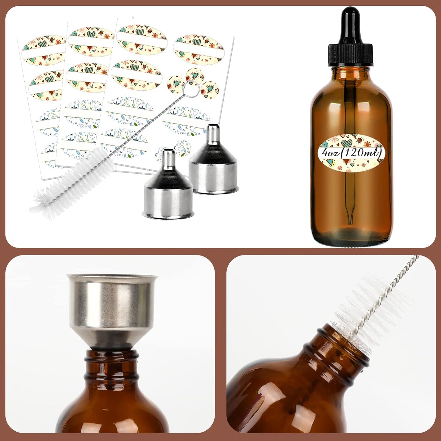 CycleMore 16 Pack (120 ml) 4 oz Amber Glass Boston Bottles with Glass Eye Droppers, Dropper Bottles for Essential Oils & Lab Chemicals & More Liquids Ideal for Mom & Friends