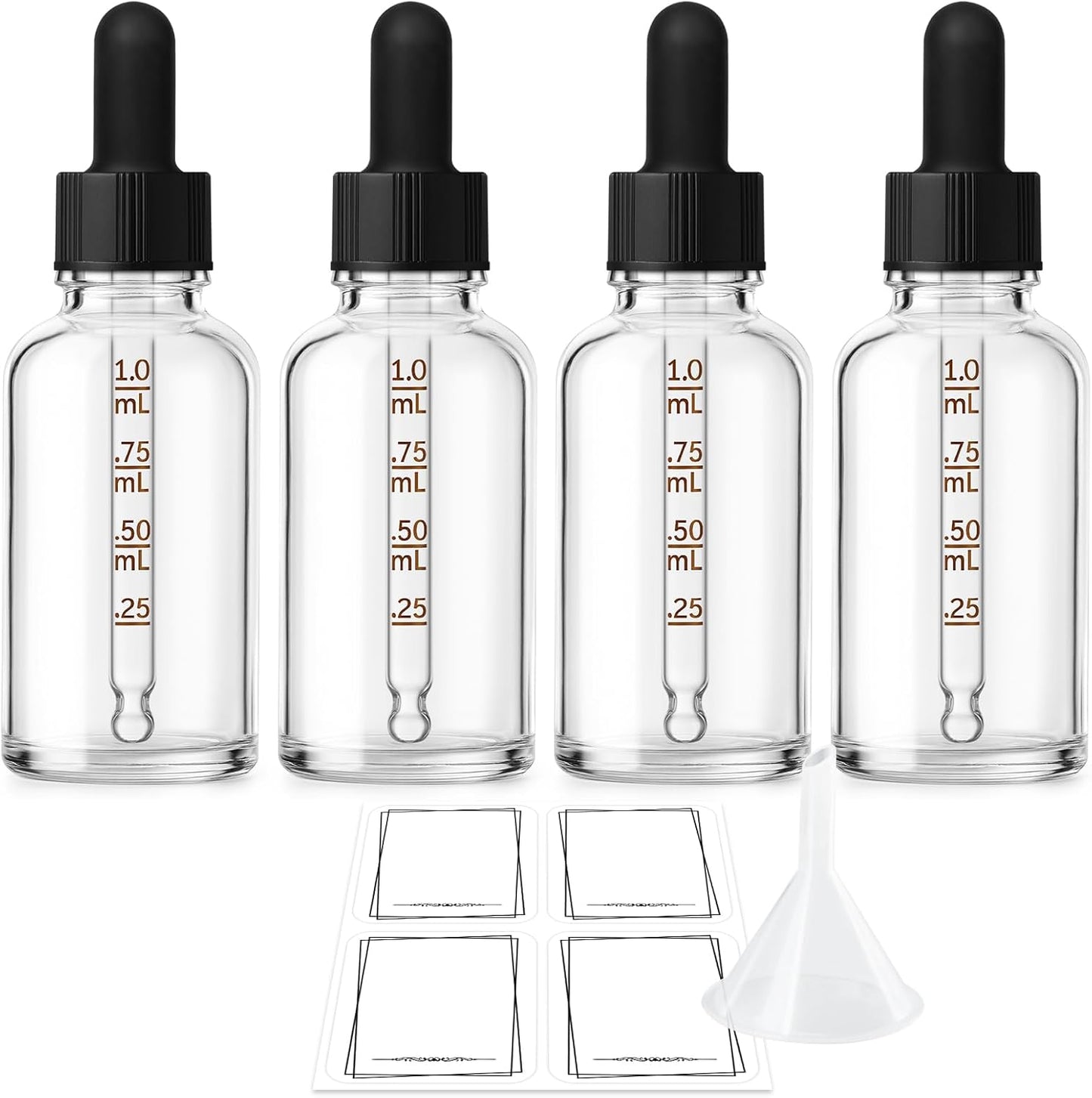 Bumobum Dropper Bottle, 1 oz Clear Glass Dropper Bottle with Measured Dropper, Empty Eye Tincture Bottles with Funnel & Labels for Essential Hair Oils Serums, 4 Pack