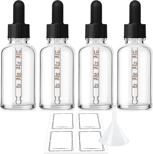 Bumobum Dropper Bottle, 1 oz Clear Glass Dropper Bottle with Measured Dropper, Empty Eye Tincture Bottles with Funnel & Labels for Essential Hair Oils Serums, 4 Pack