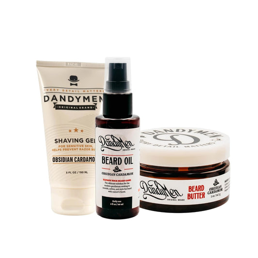 Beard Grooming Set – Beard Oil, Beard Butter & Shaving Gel – Hydrate, Soften & Style (3-pack, Obsidian Cardamom)