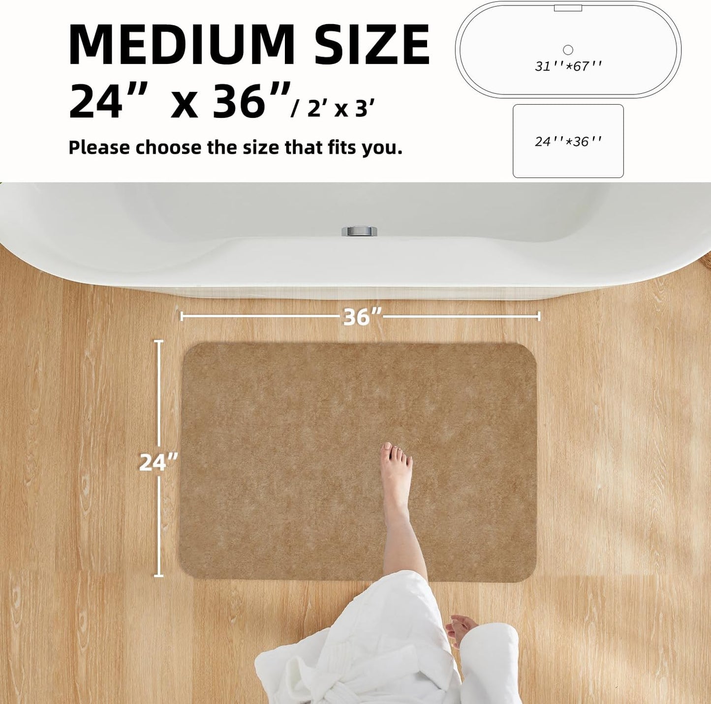 Bathroom Mat Quick Dry, Bathroom Rugs Non Slip Washable Thin Absorbent Bath Mat Fits Under Door Bathroom Floor Mat Perfect for Bath, Shower, or Sink 24"x36" Camel