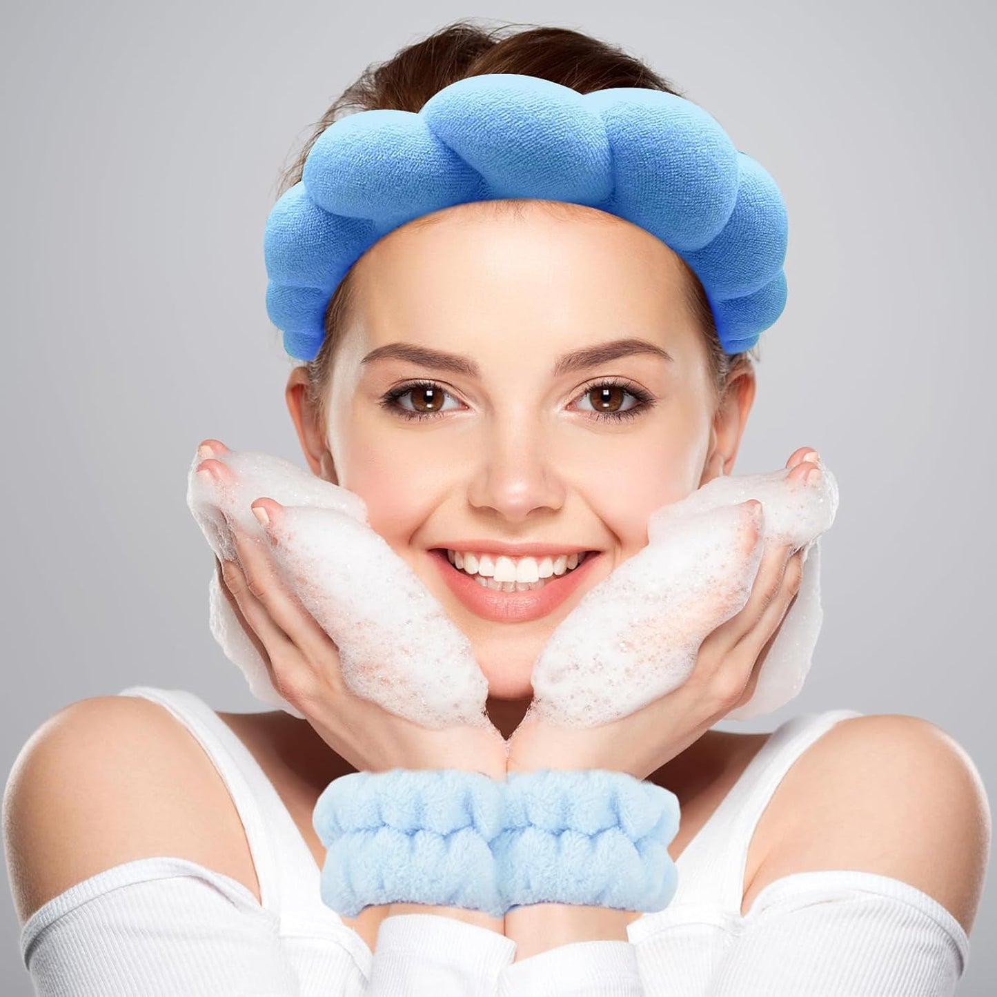 Zkptops Spa Headband for Washing Face Wristband Set Sponge Makeup Skincare Terry Cloth Bubble Soft Get Ready Hairband for Women Girl Puffy Padded Headwear Non Slip Thick Hair Accessory(Dark Blue)