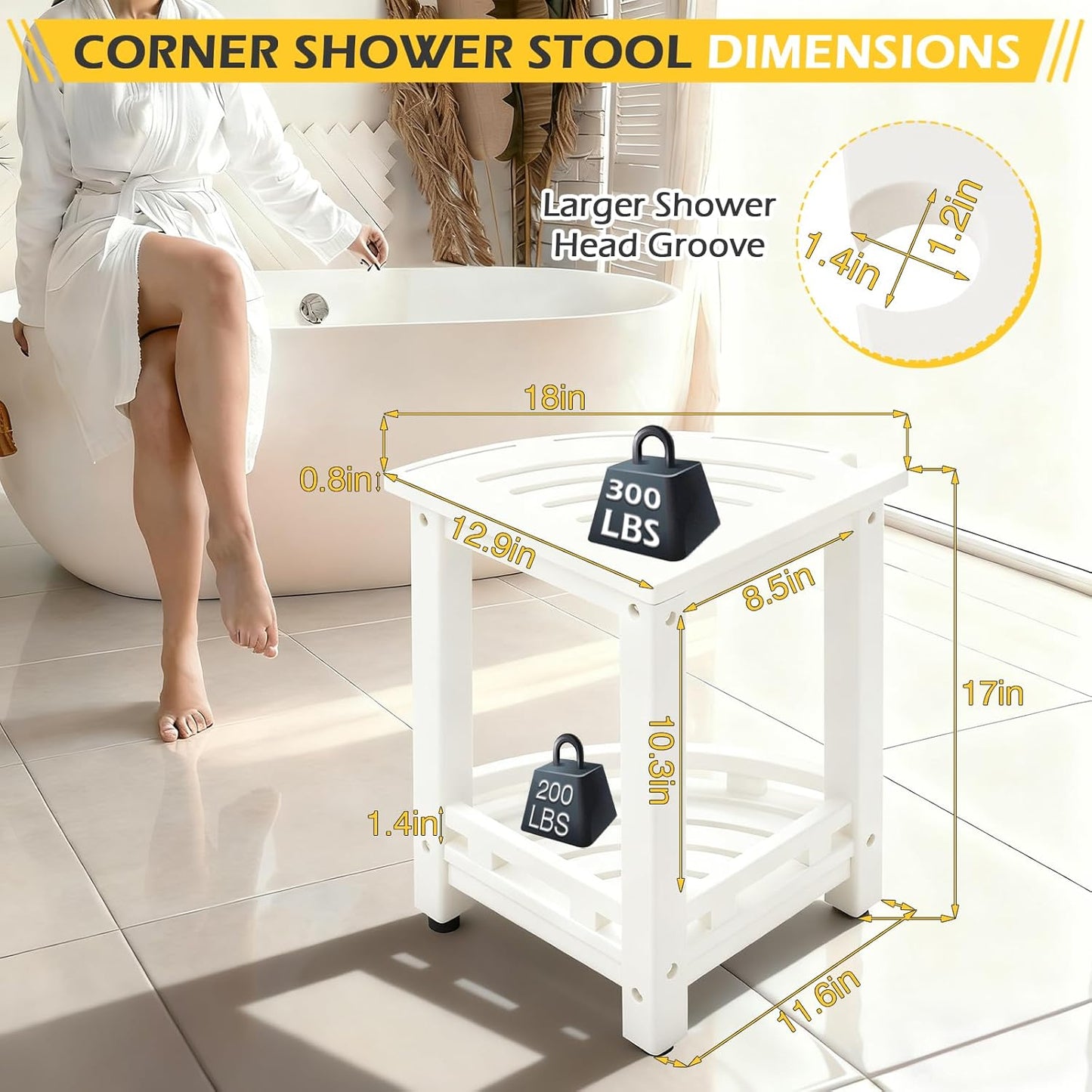 HDPE Corner Shower Stool for Shaving Legs, Waterproof Shower Stool with Storage Shelf for Bathroom,White