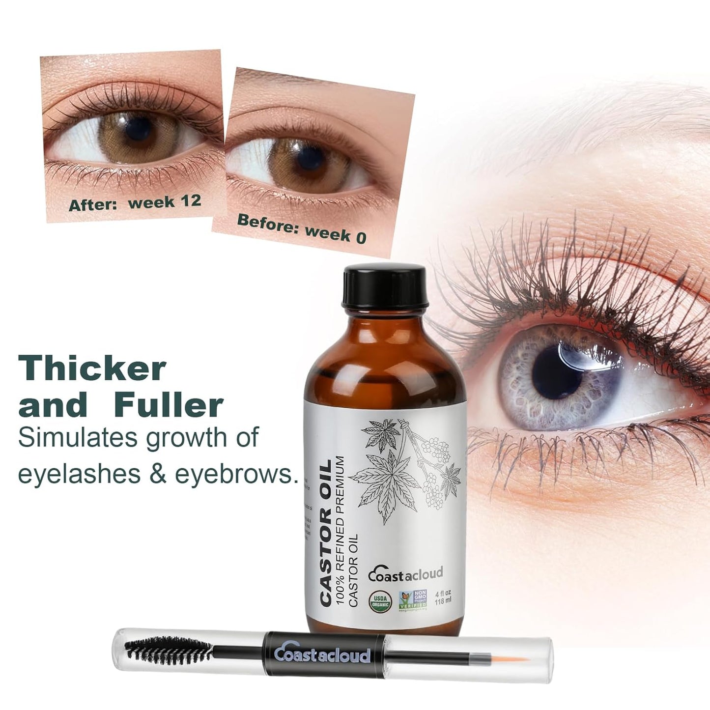 Organic Castor Oil 100% Pure Hexane-Free 4oz Castor Oil with Mascara Tube, Natural Lash Serum Eyebrow Eyelash Growth Serum for Nail Hair Care, Skin Moisturizer, Glass Bottle with Dropper