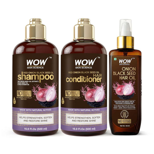 WOW Skin Science Onion Black Seed Oil Shampoo & Conditioner Treatment Set with Oil for Strong, Soft & Shine Hair for All, Dry, Damaged Hair Types, Sulfate, Paraben, Silicone Free