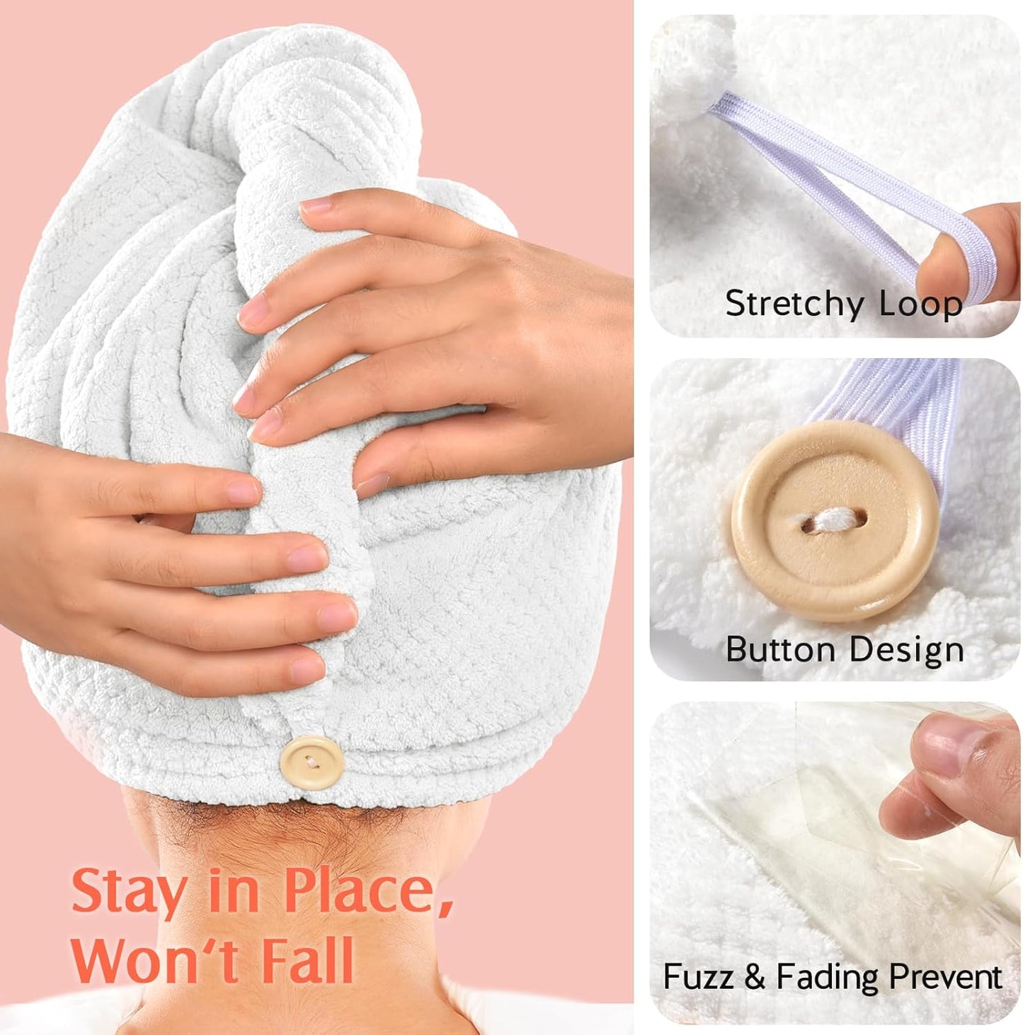 YFONG 2 Pack Microfiber Hair Towel Wrap for Women, Super Absorbent Quick Dry Hair Turban for All Hair Style Anti Frizz, Large Hair Drying Towel with Button