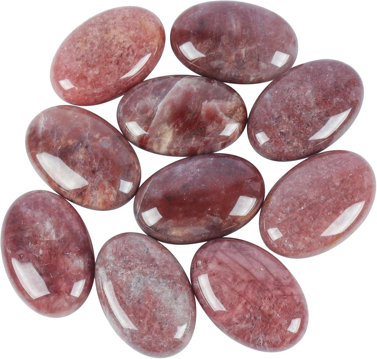 Natural Strawberry Quartz Oval Polished Worry Stones, Healing Crystal Indoor Fountain Stones Massage Energy Anxiety Relief Items