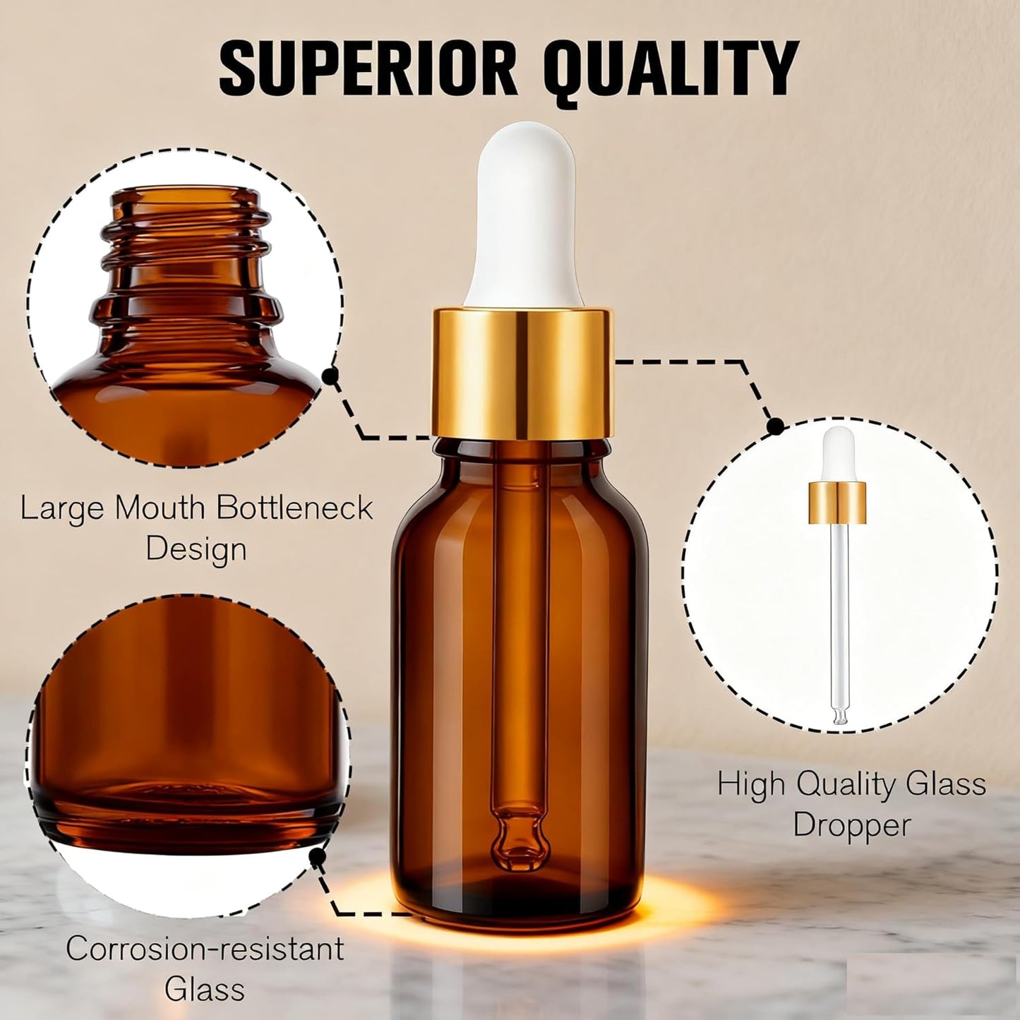 PrettyCare Glass Eye Dropper Bottles 24 Pack, 0.5oz (15ml) Small Amber Empty Thick Bottles with Leakproof Golden Caps - With Labels & Funnels for Storage, Travel, Essential Oils, Tinctures