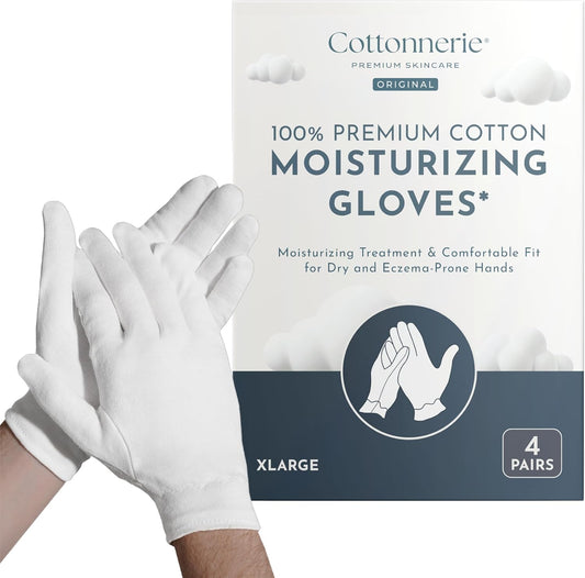Cottonnerie Original Cotton Gloves for Dry Hands Sleeping, Moisturizing Gloves Overnight, Hand Moisturizer Gloves, Moisture Gloves for Dry Hands Overnight, Sleeping Gloves, X-Large 4 Pairs