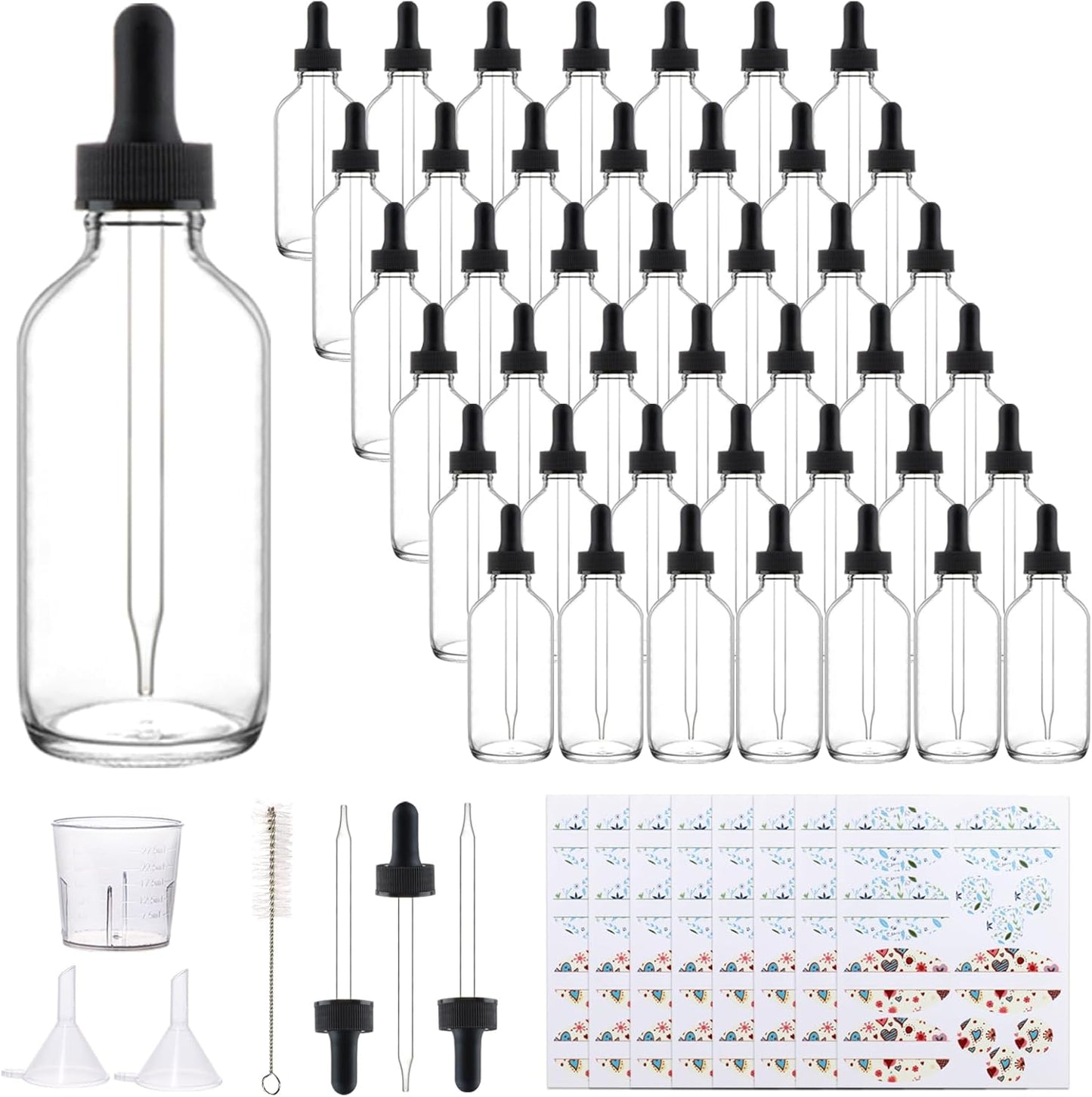 42 Pack 4oz Clear Glass Bottles with Glass Eye Droppers for Essential Oils, Perfumes & Lab Chemicals (Brush, Funnels, 3 Extra Droppers, 48 Pieces Labels & 30ml Measuring Cup Included)