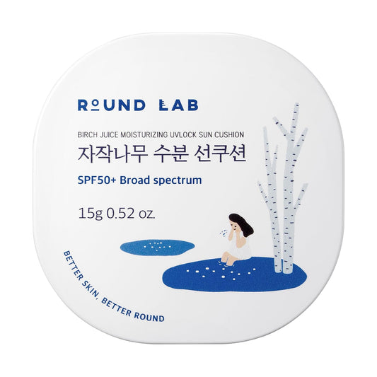 Round Lab Birch Juice Moisturizing UV Lock Sun Cushion, SPF50+ Broad Spectrum, 0.52 oz | Mineral Sunscreen for Sensitive Skin, Clean, Non-Toxic UV Protection for On-the-Go, Moisturizing&No White Cast