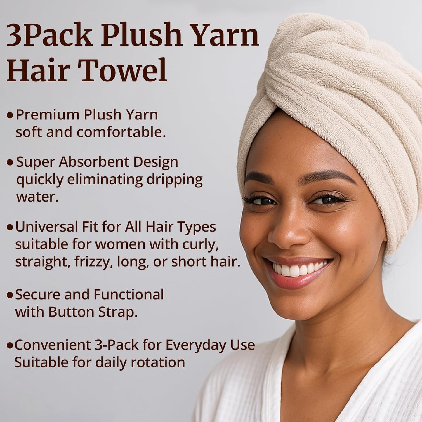 3 Pack Plush Yarn Hair Towel Wrap for Women, Super Absorbent & Quick Drying Turban, Anti Frizz Head Towel for Long, Thick, Curly Hair with Secure Button