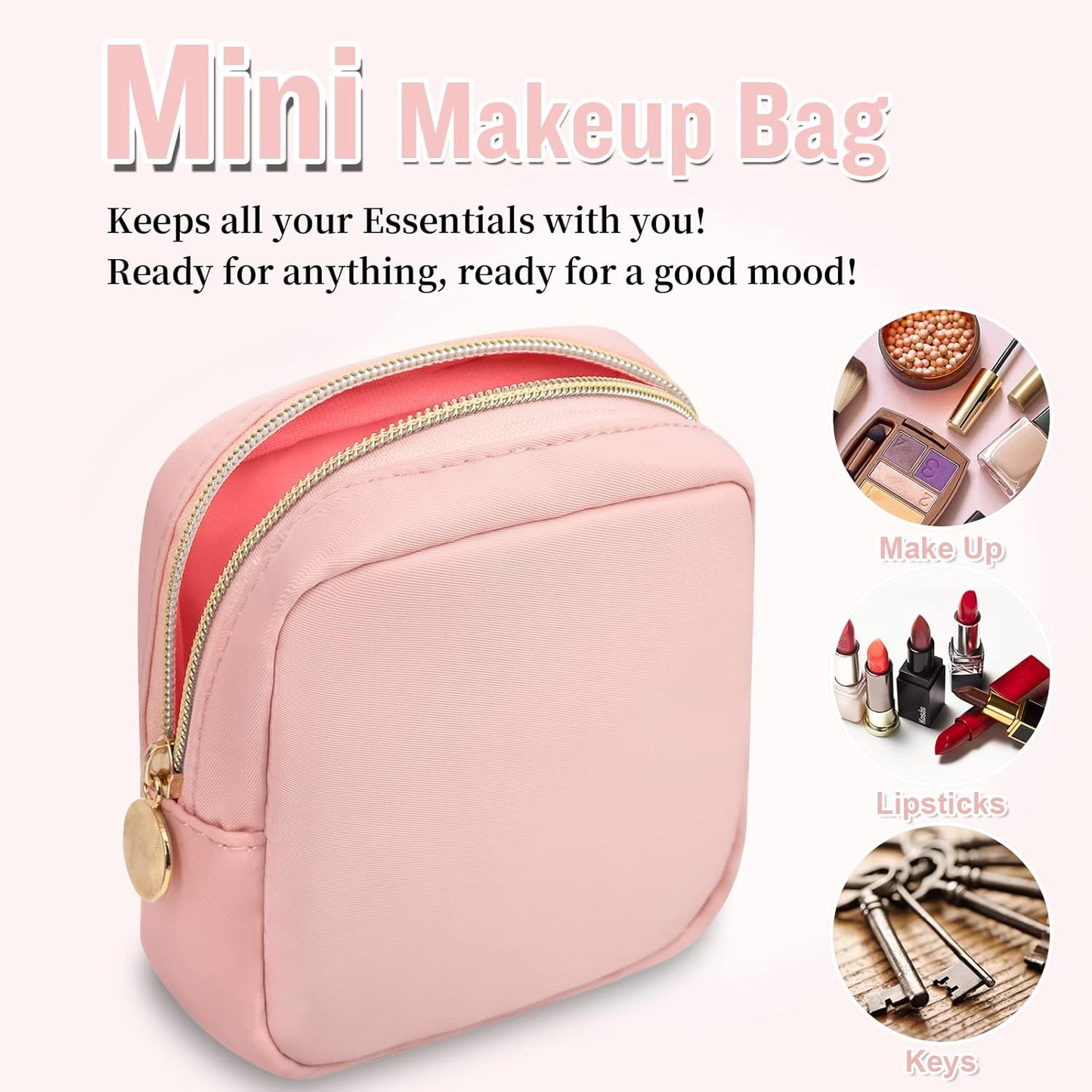 Nylon Mini Makeup Bag for Purse, Preppy Small Cute Pink Makeup Bag Cosmetic Zipper Pouch Purse, Waterproof Travel Coin Pouch Sanitary Napkin Storage Bag Clutch Makeup Organizer for Women Girls(Pink)