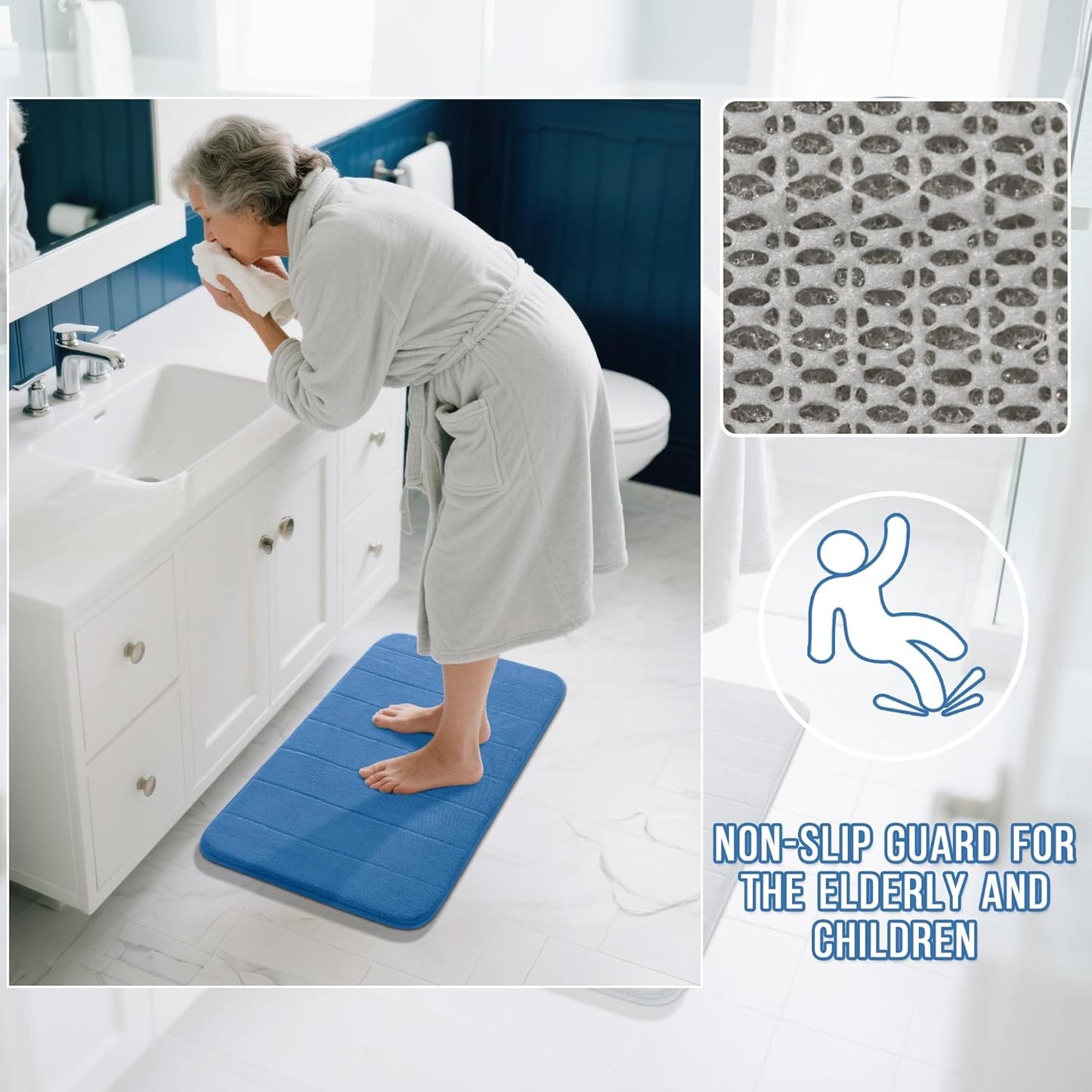 Yimobra Memory Foam Bath Mat, Super Soft Absorbent Bathroom Rug Non Slip 31.5x20 Inch, Quick Dry, Machine Washable Floor Carpet for Tub Shower, Home Decor Accessories, Blue