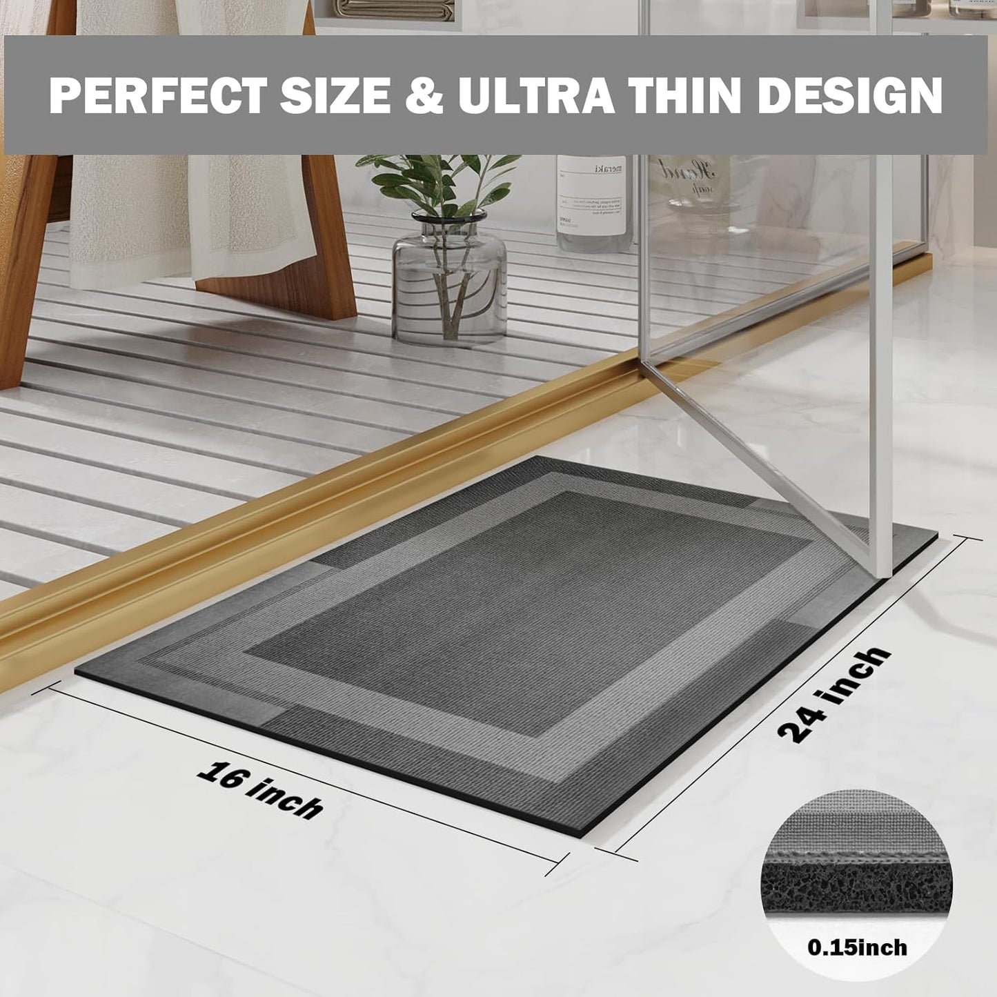 Non Slip Bath Mat, Rubber Backing Ultra Thin Bathroom Rugs Fit Under Door Quick Dry Super Absorbent Washable Bath Rug Shower Mat for Bathroom Floor Bathtub Sink, Easy Care Dark Grey 16"x24"