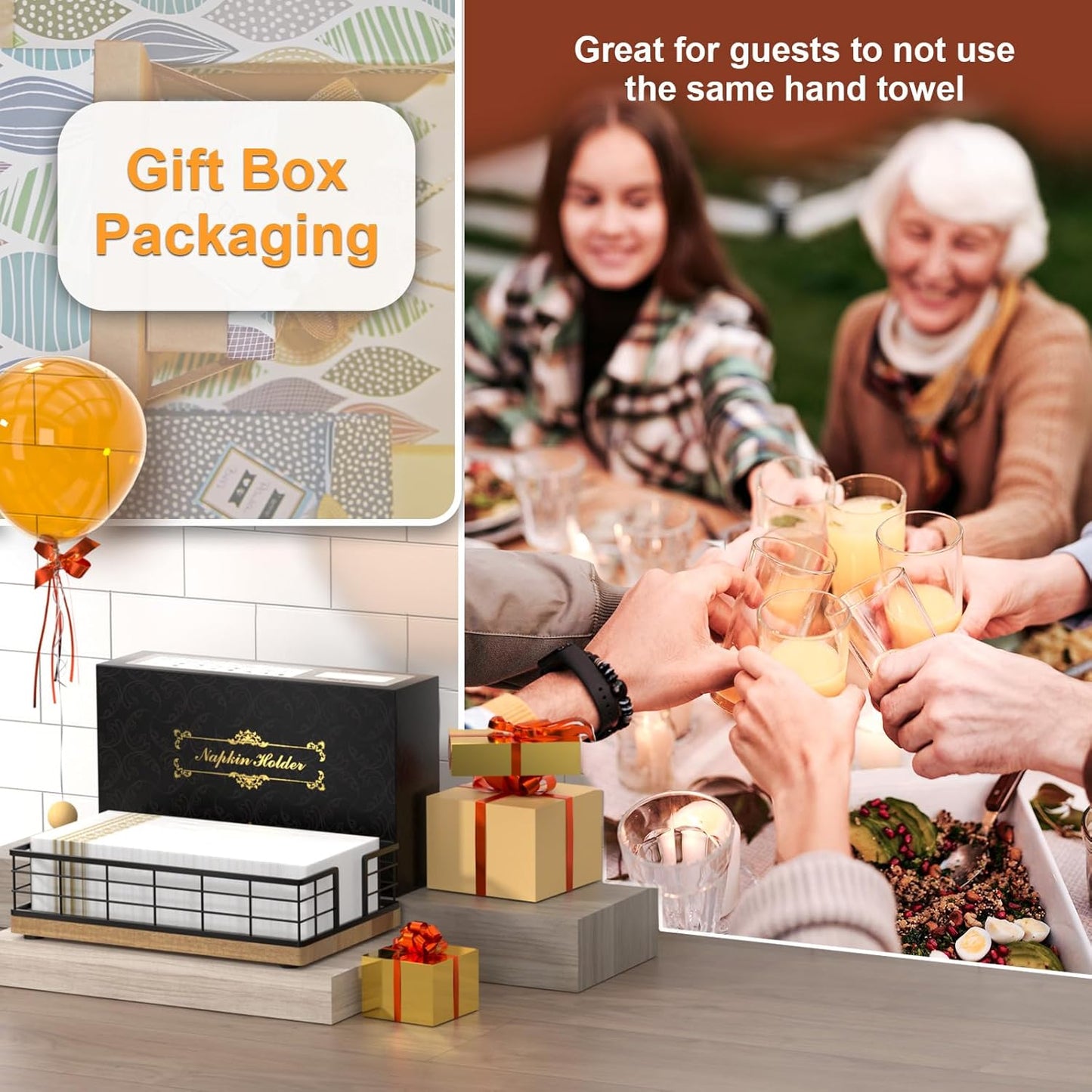 Wican Guest Towel Holder Tray for Bathroom, Acacia and Iron Napkins Holder for Powder Room Dinning Table Wooden Basket for Disposable Paper Hand Towels Black and Acacia