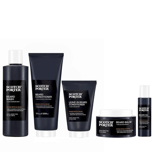 Scotch Porter Superior Beard Collection – Cleanse, Moisturize, Soothe & Style while Encouraging Growth for a Fuller/Healthier-Looking Beard – Includes Wash, 2 Conditioners, Oil & Balm