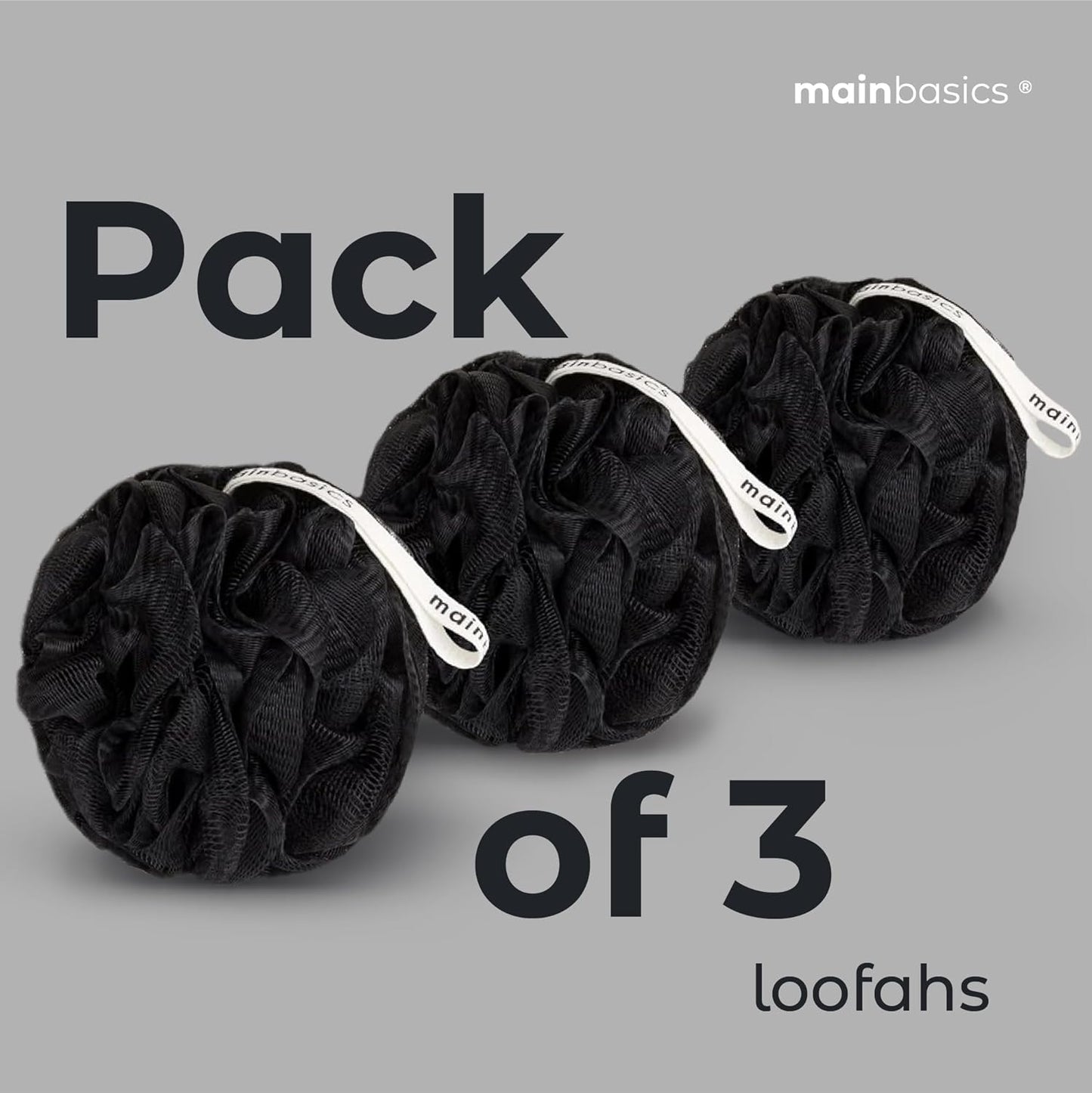 MainBasics Bath Shower Loofah Sponge Pouf Body Scrubber Exfoliator Body Wash Sponge (Set of 3, Triple Black)