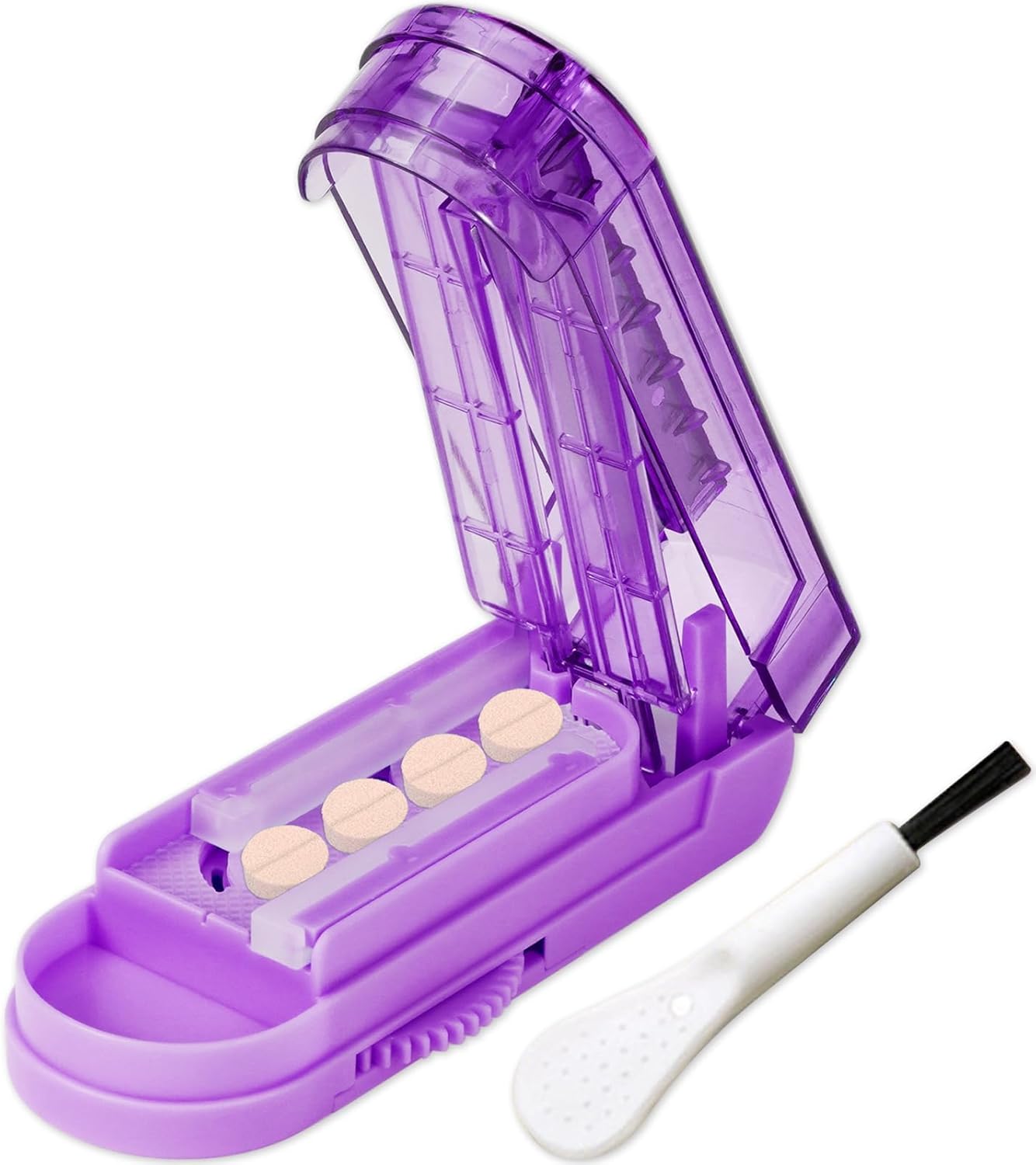 JohnBee Pill Cutter Splitter for Small and Tiny Pills. Adjustable Pill Splitter Accurately Cuts Multiple Pills at Once. Sharp Blade with Safety Guard. Non-Slip Silicone Edge (Dark Purple)