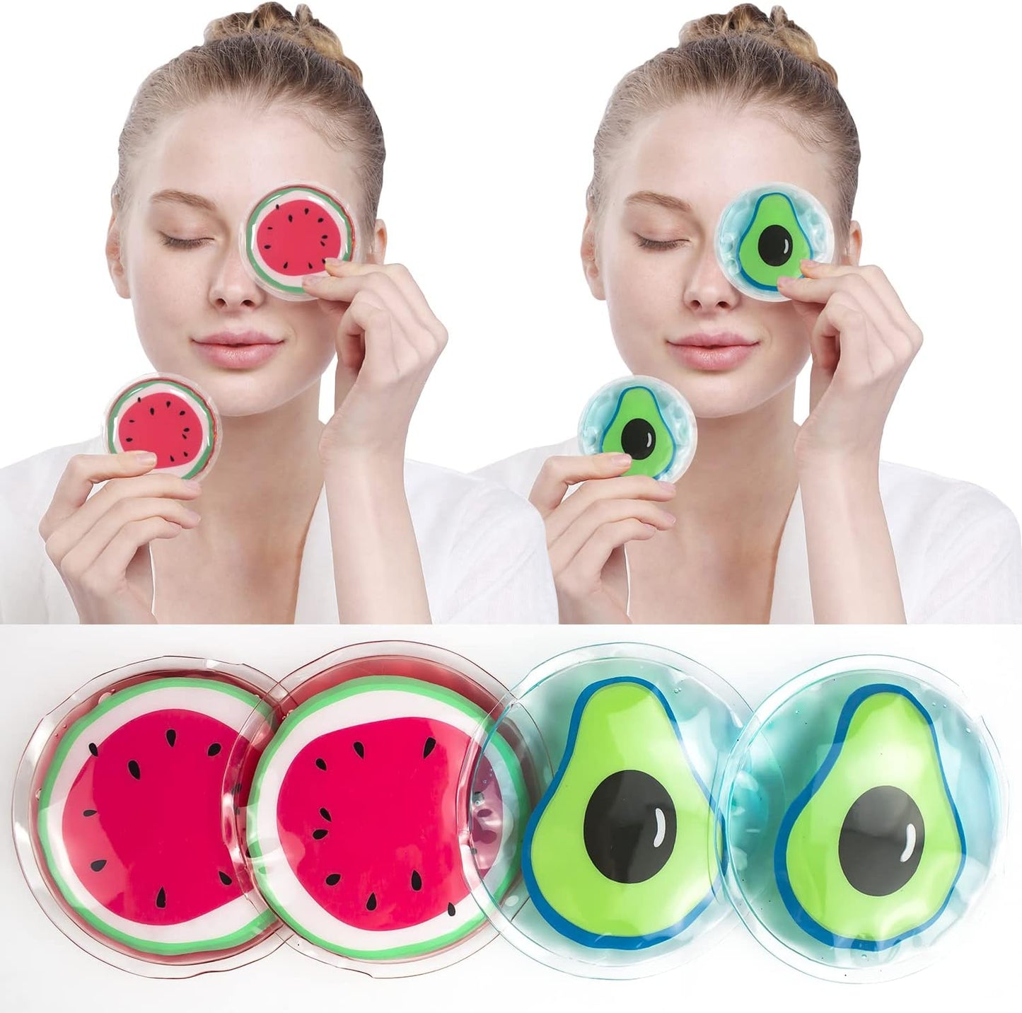 Hot and Cold Eye Pads, Reusable Eye Patches - Soothing, Revitalizing, Puffiness, Refresh, Relieves Stress, Relax, Relieves Puffiness and Tension(2 Watermelons + 2 Avocados)