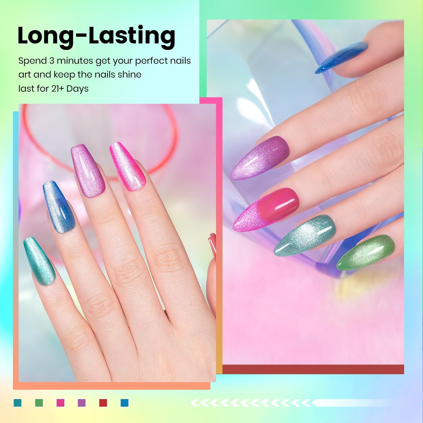 RARJSM Neon Diamond Cat Eye Gel Nail Polish Set 6 Colors Velvet Silver Glitter Bright Green Lake Blue Red Rose Purple Gel Polish with Magnet Stick UV LED Curing Requires Soak Off Home Salon Diy