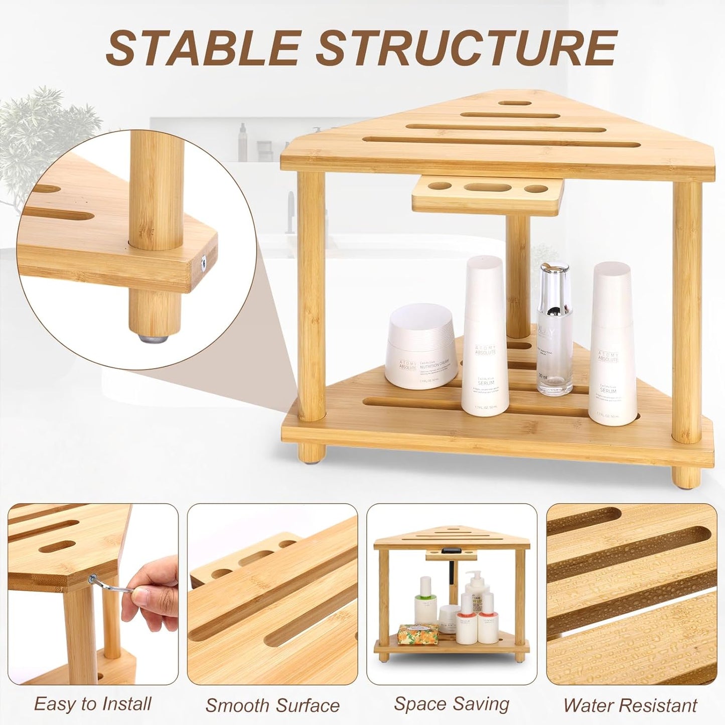 Bamboo Small Shower Corner Stools Bench,Waterproof Shower Chair for Inside Shower, with 2 Tire Storage Shelf,Foot Rest for Shaving Legs for Small Space,Gifts for Women/Mom,14.5x8.6x12 Inch