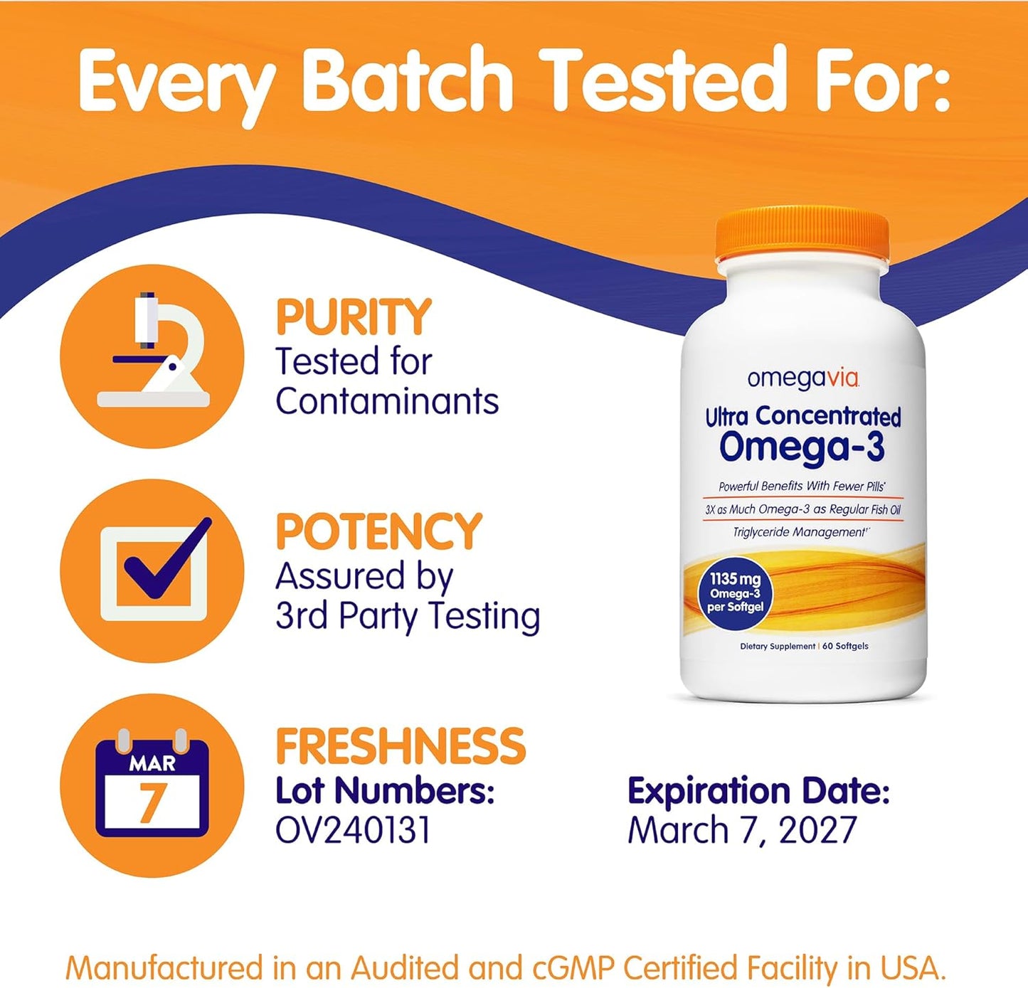 OmegaVia Ultra Concentrated Omega 3 Fish Oil Burpless, 60 Softgels, Triple Strength Omega 3 Fish Oil Supplements, 1135 mg Pure Omega3, No Fishy Burps, High EPA DHA DPA, IFOS 5-Star