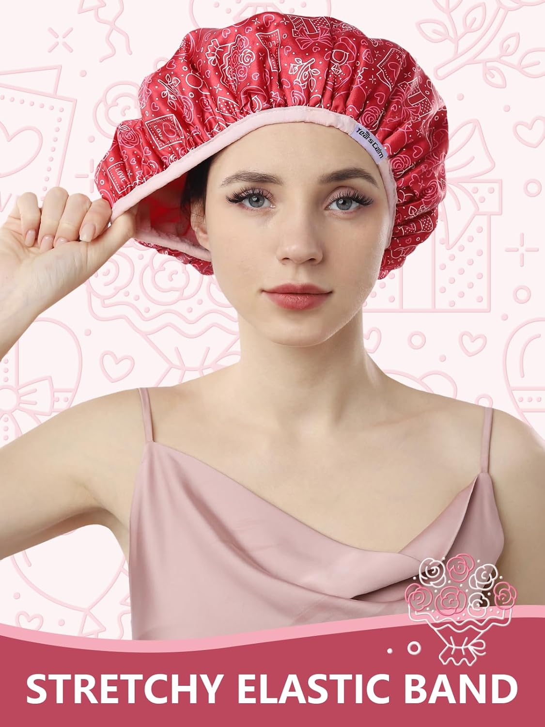 Years calm Terry Lined Shower Cap, Triple Layer Heart Motifs,Waterproof Reusable Elastic,Hair Shower Cap for Women,Terry Cloth Shower Caps for Spa,Clean,Trave (Red, One Size)