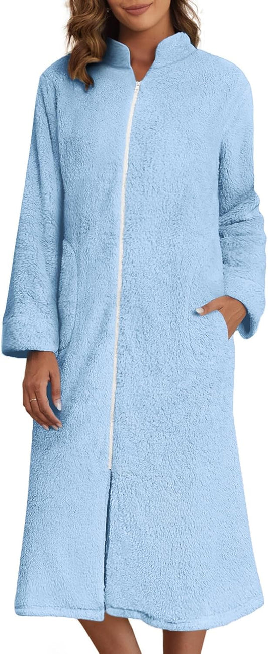 Ekouaer Women's Zip Up Robe Fleece Bathrobe Long Zipper Lounger Warm Housecoat Long Sleeve Nightgown with Pockets S-XXL