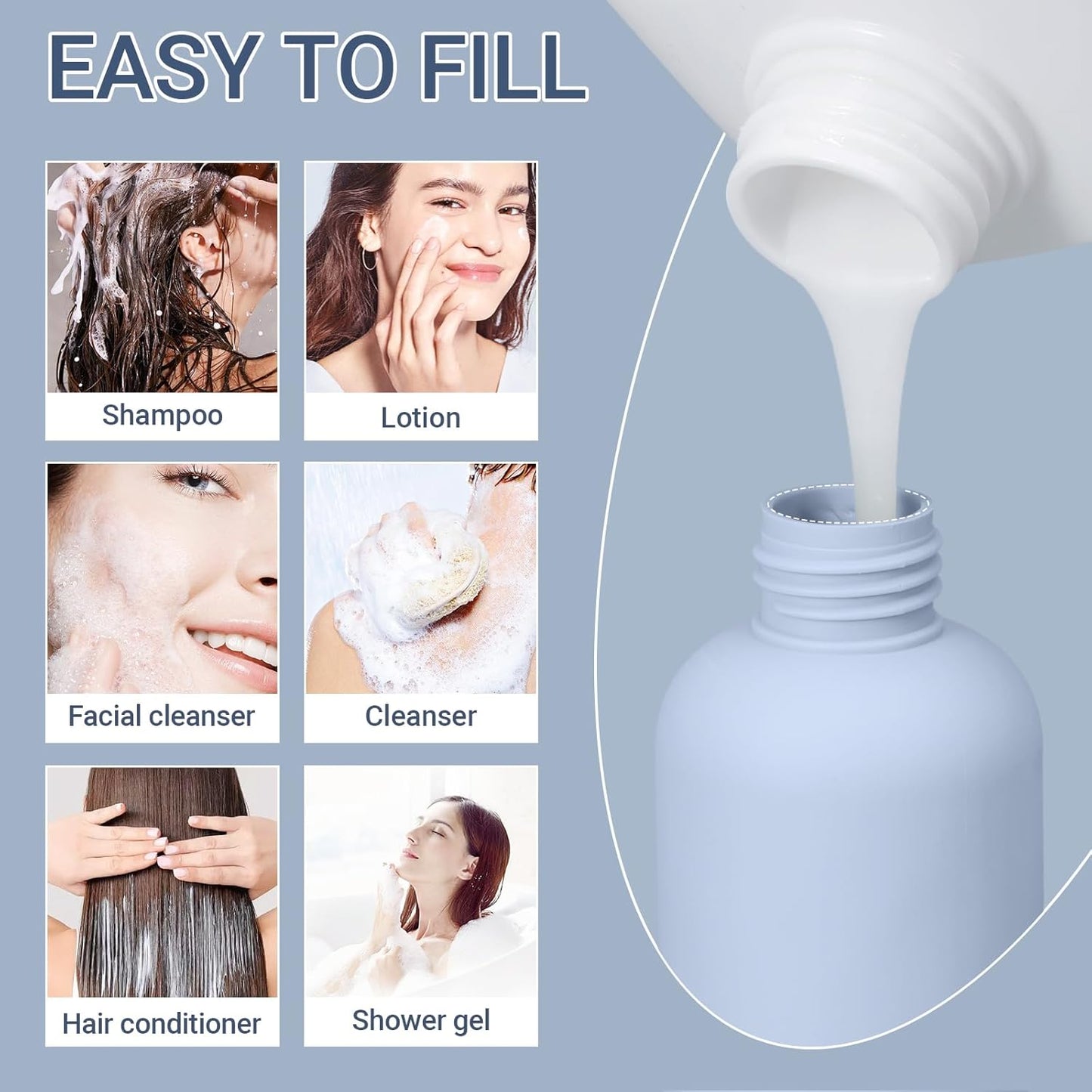 10oz Travel Shampoo Bottle, Empty Plastic Squeeze Bottles with Flip Cap, Lotion Container for Toiletries Travel Size Shampoo and Conditioner (3 PACK BLUE)