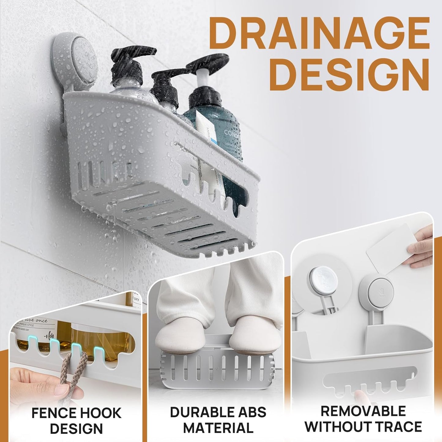 LEVERLOC Shower Caddy Suction Cup 2 Pack, Shower Organizer Removable Bathroom Shelf, Storage Suction Powerful Max Hold 22lbs Bathroom Caddy Waterproof Holder, Gray