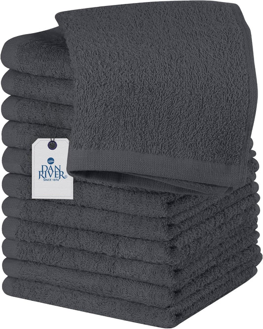 DAN RIVER 100% Cotton Wash Cloths 12 Pack [12x12] Soft & Absorbent Thin washcloths, Gym, Hotels & Spa Perfect for Everyday Use Fingertip Towels, Charcoal