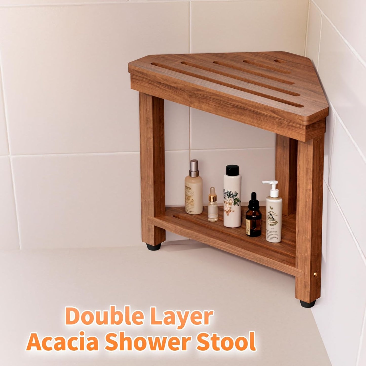 Shower Foot Rest 15 in, Acacia Shower Stool for Shaving Legs,Corner Bath Shower Bench with Starage Shelf for Inside Small Shower Spaces