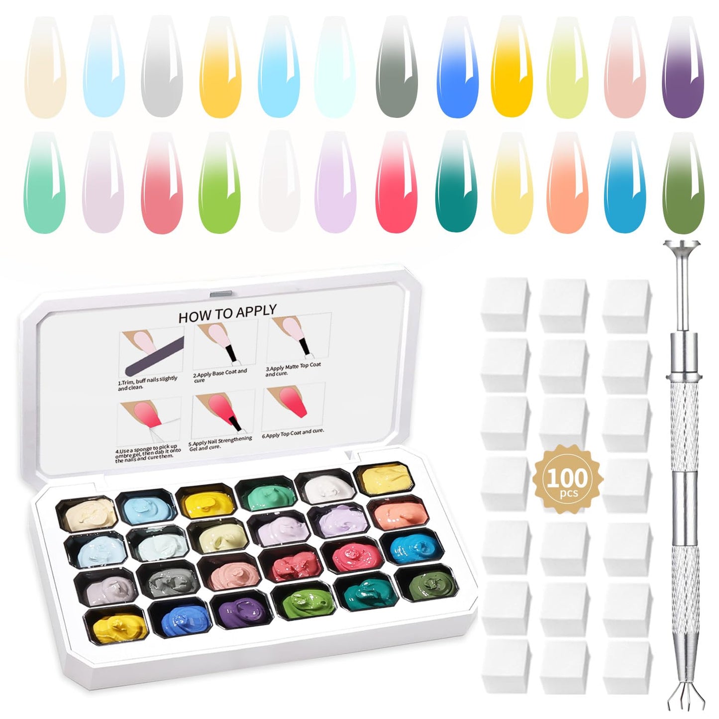24 Colors Ombre Gel Nail Polish Set,Ombre Pigment for Nails,Gradient Painting Gel with 100Pcs Nail Sponges for 3D Gels Nail Art can be Painted in Salon or Home Use