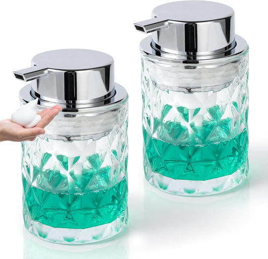 Bathroom Glass Soap Dispenser with Durable Rust-Proof Plastic Foam Pump Hand Lotion Dispenser Antislip Shampoo Kitchen 10oz 2 Pack