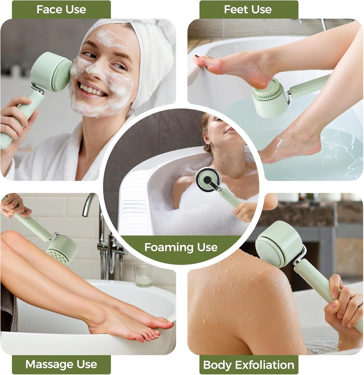 Bath Brush Electric Back Scrubber for Shower, Rechargeable Electric Body Brush with Detachable Long Handle with 5 Heads, Bath Brush with 3 Speeds for Exfoliating, Cleaning and Massaging