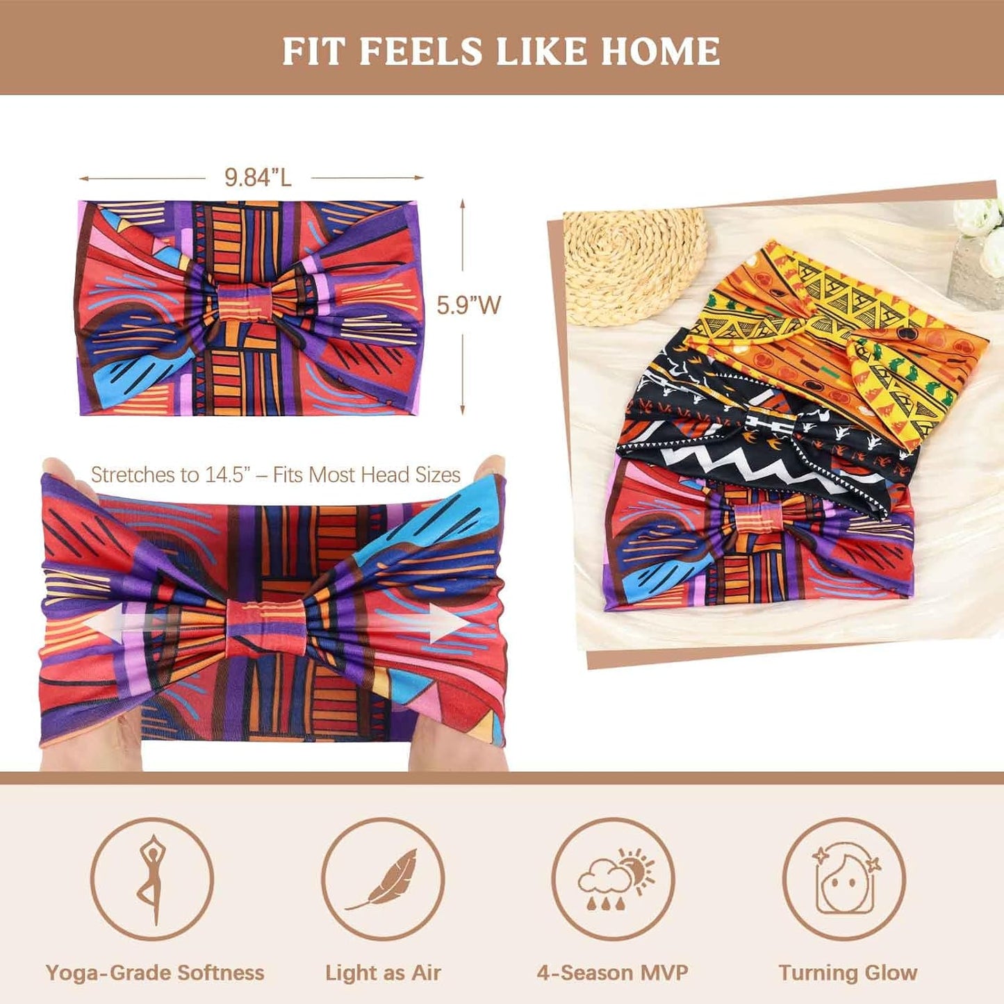 Wide Headbands for Women Knotted No Slip Head Bands Soft Turban Headband Hair Accessories Boho African Solid Color Head Wraps for Women Yoga Workout Pack of 6