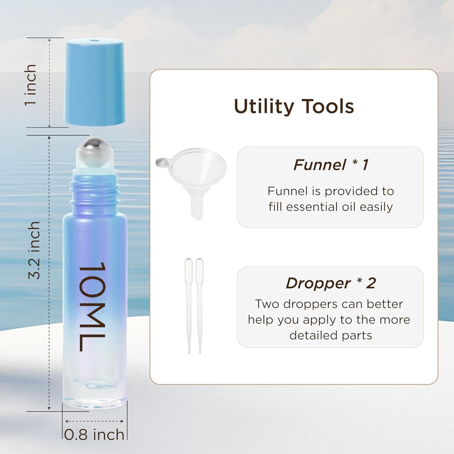 Essential Oil Roller Bottles, 10ml Thick Glass Perfume Roller Bottles with Funnel Opener and Dropper Colored Glass Empty Bottles with Stainless Steel Roller Balls (Blue, 12 Pack)