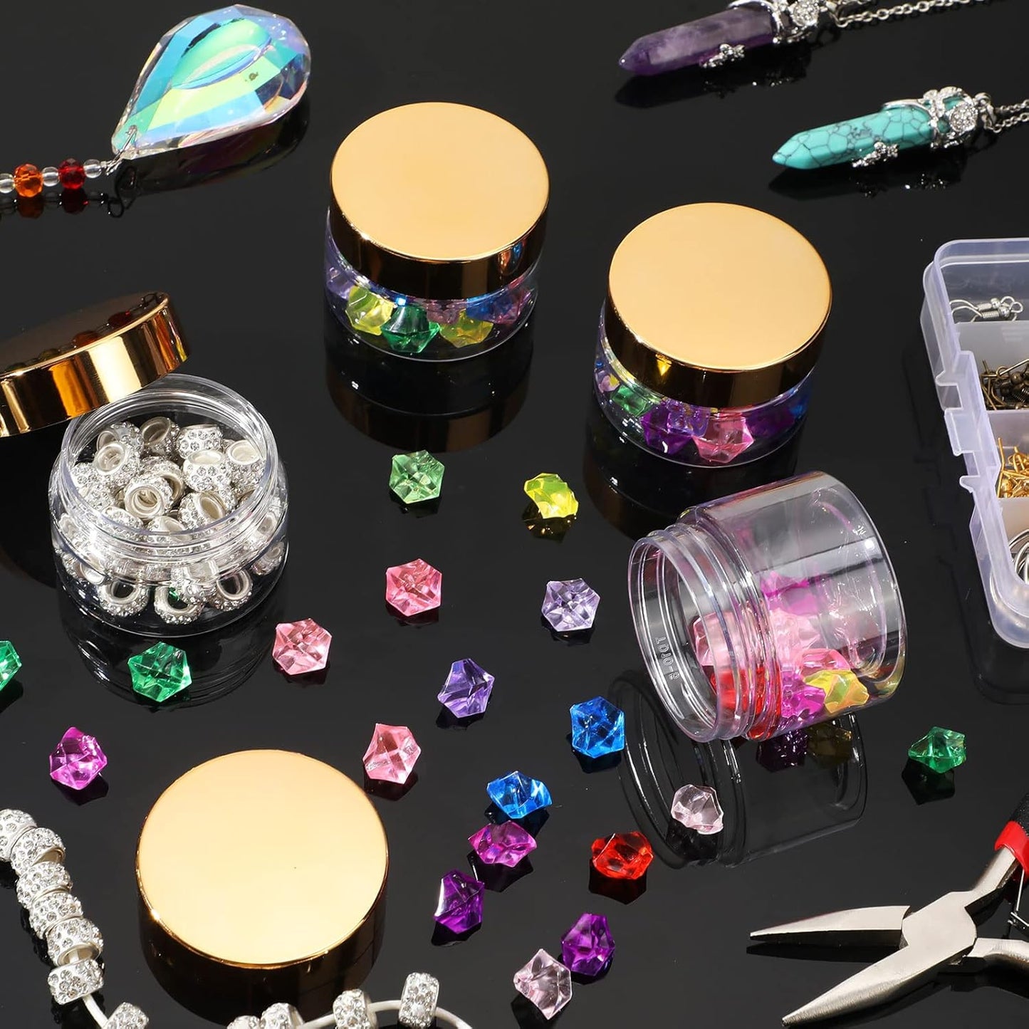 SATINIOR 12 Pack Plastic Container Jars with Lids Round Clear Travel Cosmetic Container Jars for Toiletries, Lotion, Cream, Ointments, Makeup, Rhinestone, Samples, Kitchen Storage(1 oz,Gold)